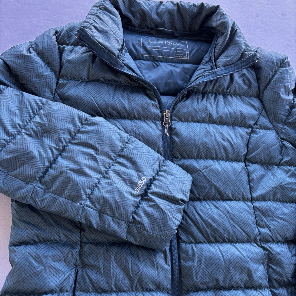 Eddie Bauer Women's EB650 Down Jacket Small Blue Herringbone Packable Warm